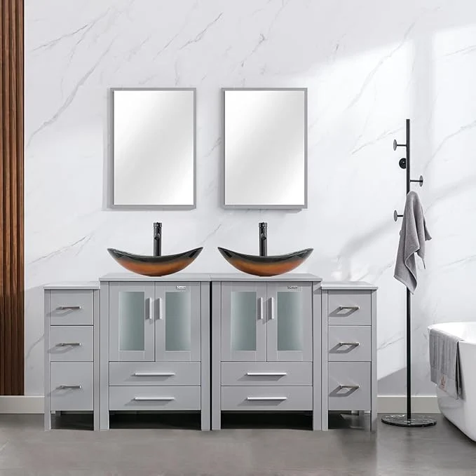 Outstanding eclife 72 Modern Bathroom Vanity Sink Combo standing Cabinet with Small Side Cabinet Brown Boat Glass Vessel Sink Water Save Faucet Drain Gray A29BR About ThisOverview Durable