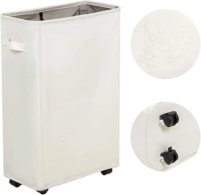 Organic ZERO JET LAG Slim Rolling Laundry Hamper - Standable Corner Design - Handy Storage Bin Laundry Basket - 52L Storage Bin - Slim Hamper with Wheels - 15×8×22 22 Beige About ThisOverview Stylish