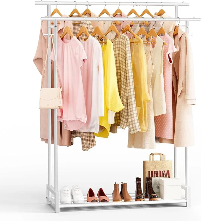 World-Class Clothes Rack for Hanging Cloth Double Rods Metal Clothes Rack with Storage Shelf and Coat Hat Hook standing Clothing Rack for Bedroom Laundry Cloakroom WhiteAbout ThisOverview Responsible