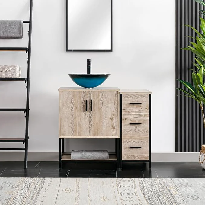 Official eclife 36 Bathroom Vanity Sink Combo Modern Metal Stand Cabinet W Bottom Shelf Storage Side Cabinet Turquoise Square Vessel Sink Water Save Faucet Pop Up Drain Oak A10 About ThisOverview Outstanding