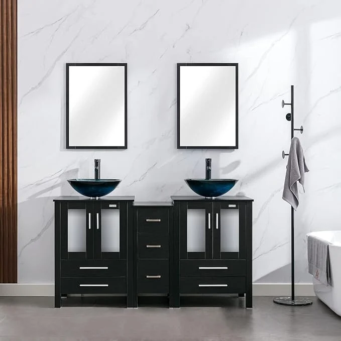 Optimized eclife 60 Modern Bathroom Vanity Sink Combo standing Cabinet with Small Side Cabinet Turquoise Square Glass Vessel Sink Water Save Faucet Drain Black A10 About ThisOverview First-Class
