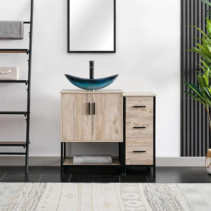 Exceptional eclife 36 Bathroom Vanity Sink Combo Modern Metal Stand Cabinet W Bottom Shelf Storage Side Cabinet Blue Boat Vessel Sink Water Save Faucet Pop Up Drain Oak A29BU About ThisOverview Selected