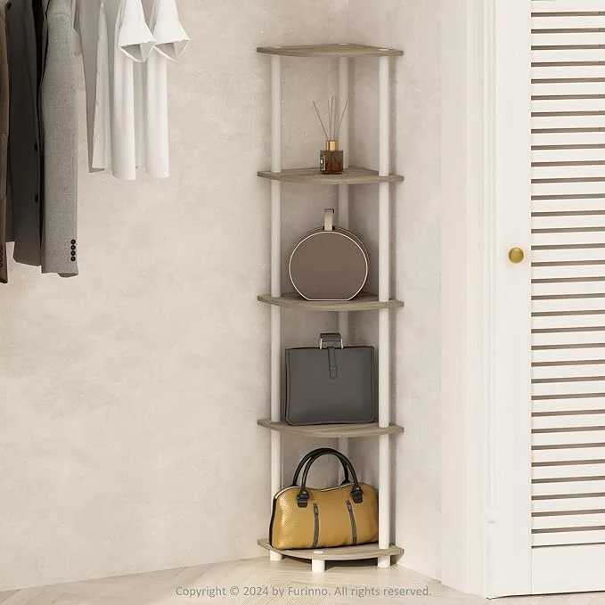 Classic Furinno Turn-N-Tube Corner Shelf 5-Tier Corner Display Rack Shelving Unit for Organization and Storage Living Room Home Office Garage Bedroom Sonoma OakAbout ThisOverview Minimalist