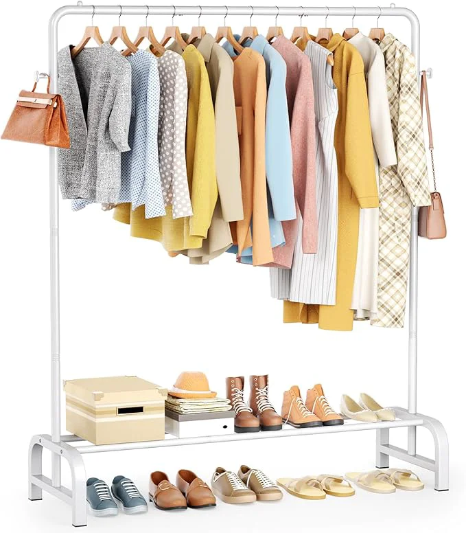Reusable Clothes Rack With Storage Shelves and Coat Hat Hook Metal Clothing Rack for Hanging Clothes Garment Rack for Bedroom Laundry Living Room WhiteAbout ThisOverview Proven
