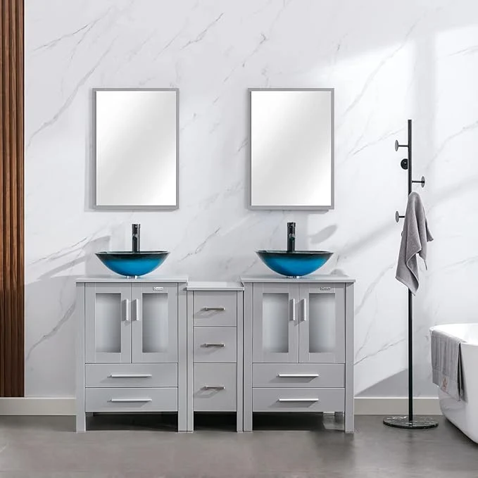 Artisan eclife 60 Modern Bathroom Vanity Sink Combo standing Cabinet with Small Side Cabinet Turquoise Square Glass Vessel Sink Water Save Faucet Drain Gray A10 About ThisOverview Reusable