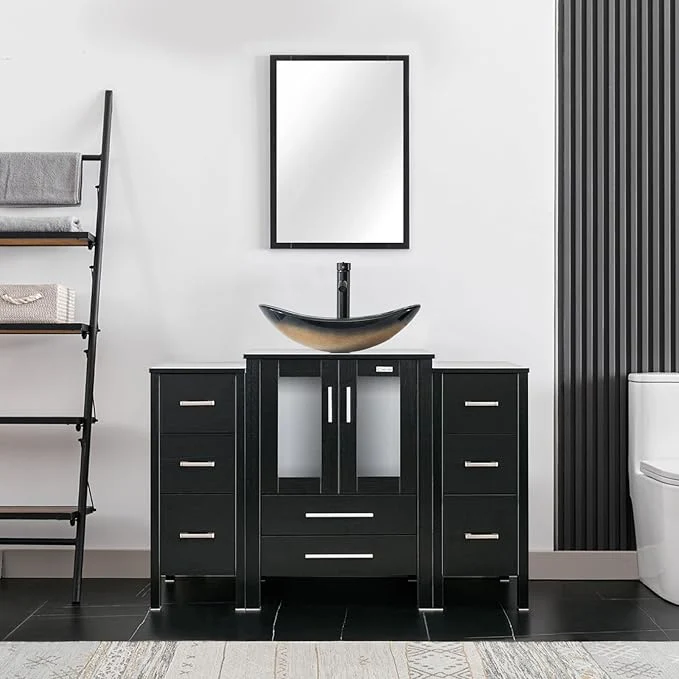Safe eclife 48 Modern Bathroom Vanity Sink Combo standing Cabinet with Small Side Cabinet Champagne Boat Glass Vessel Sink Water Save Faucet Drain Black A29CH About ThisOverview Innovative