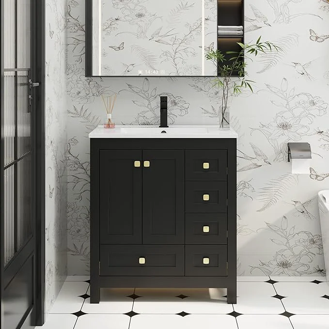 Reusable eclife 30 Bathroom Vanities with Sink Combo Modern Thickened Wood Bathroom Storage Cabinet w Undermount Sink Matte Black Faucet Drain Painted Surface BlackAbout ThisOverview Stylish