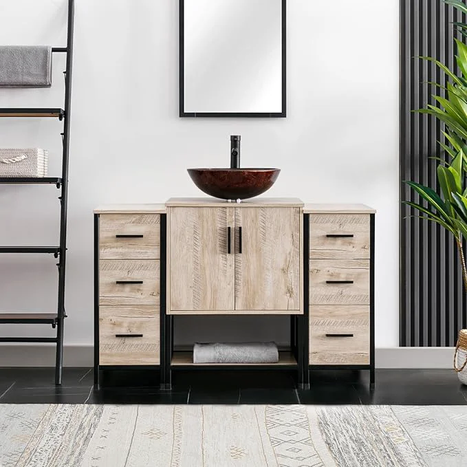 Elite eclife 48 Bathroom Vanity Sink Combo Modern Metal Stand Cabinet W Bottom Shelf Storage Side Cabinets Brown Round Vessel Sink Water Save Faucet Pop Up Drain Oak A09 About ThisOverview Convenient