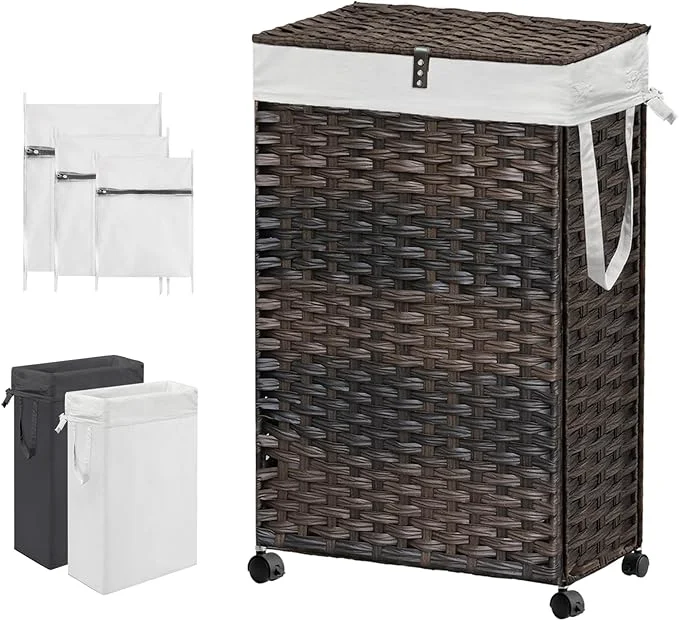Trusted 88L Slim Laundry Hamper with Wheels 23.3 Gallon Rolling Laundry Basket with Lid Tall and Narrow Laundry Hamper with 2 Removable Liner 3 Mesh Bags Laundry Sorter for Bathroom BrownAbout ThisOverview High-End