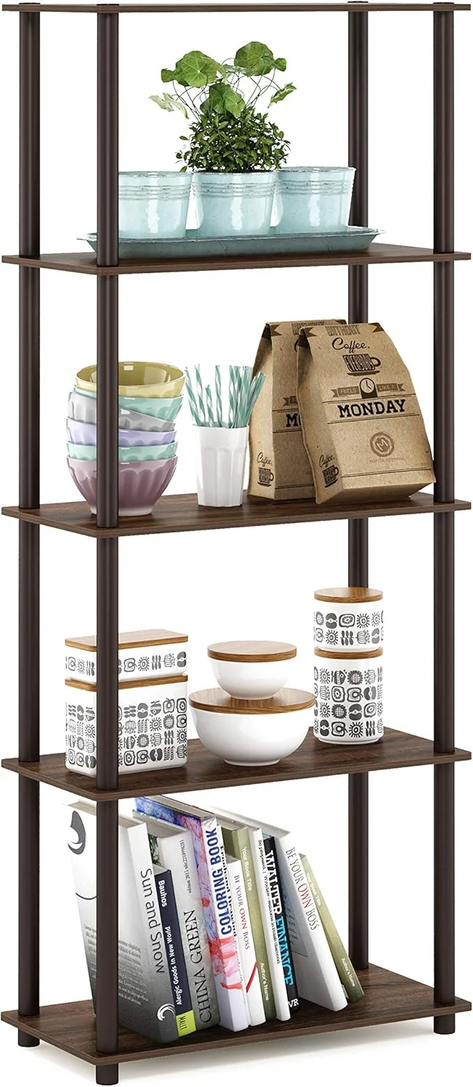 Classic Furinno TURN-N-TUBE Storage Shelves 5-Tier Book Shelf Corner Shelf Toolless Open Shelves for Organization and Storage Living Room Garage Home Office WalnutAbout ThisOverview Premium Material