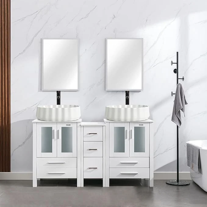 Easy-to-Use eclife 60 Modern Bathroom Vanity Sink Combo standing Cabinet with Small Side Cabinet White Shell Ceramic Vessel Sink Water Save Faucet Drain White T54 About ThisOverview Certified