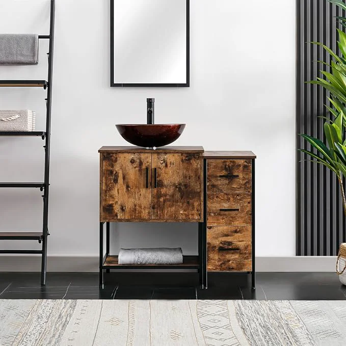 Organic eclife 36 Bathroom Vanity Sink Combo Modern Metal Stand Cabinet W Bottom Shelf Storage Side Cabinet Brown Round Vessel Sink Water Save Faucet Pop Up Drain Rustic Brown A09 About ThisOverview Trusted