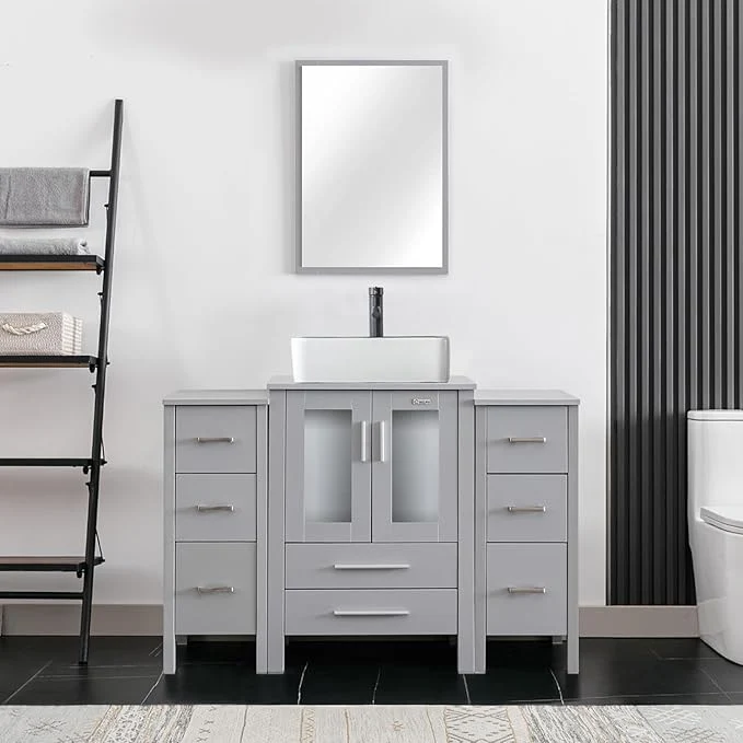 Luxury eclife 48 Modern Bathroom Vanity Sink Combo standing Cabinet with Small Side Cabinet White Black Ceramic Vessel Sink Water Save Faucet Drain Gray T03BK About ThisOverview High-Grade