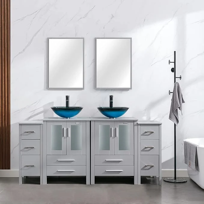 Soft eclife 72 Modern Bathroom Vanity Sink Combo standing Cabinet with Small Side Cabinet Turquoise Square Glass Vessel Sink Water Save Faucet Drain Gray A10 About ThisOverview Elegant