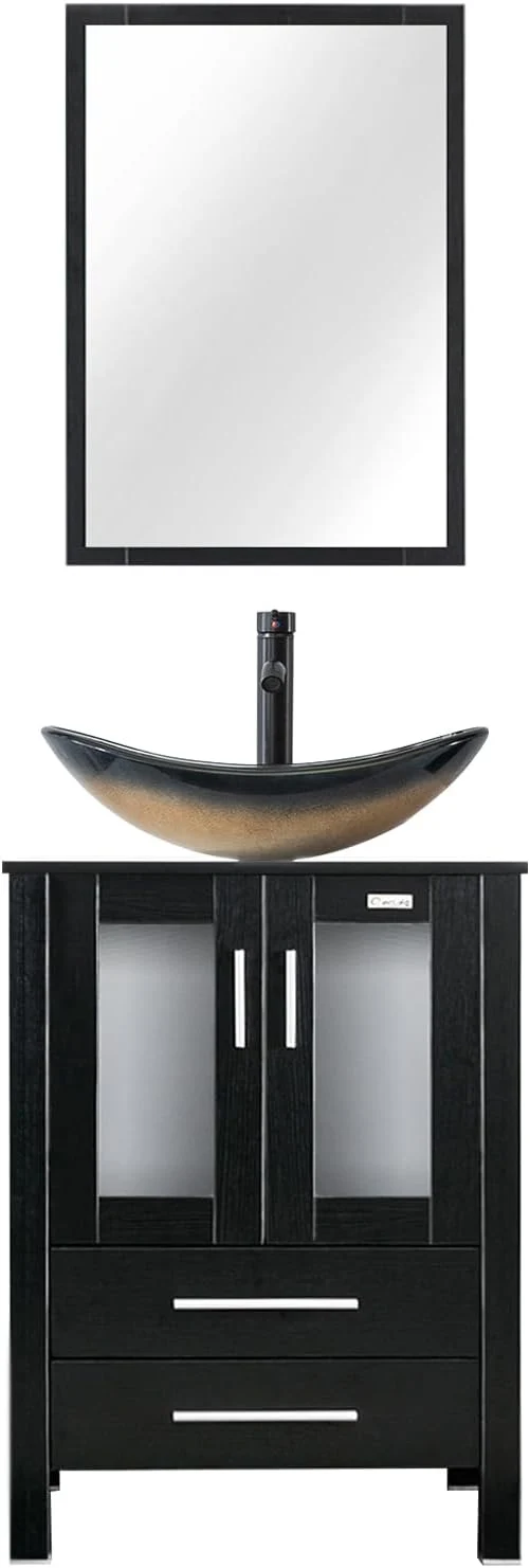 Premium eclife 24 Modern Bathroom Vanity Sink Combo standing Cabinet with Soft Closing Door Champagne Boat Glass Vessel Sink Water Save Faucet Drain Black A29CH About ThisOverview Premium Material