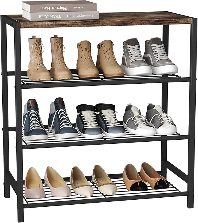 Enhanced HOMEFORT 4-Tier Shoe Rack Organizer Shoe Tower for Closet Shoe Storage Shelf with MDF Top Board Each Tier Fits 3 Pairs of Shoes Entryway Shoes Organizer with Sturdy Metal Shelves Rustic BrownAbout ThisOverview Premium Material