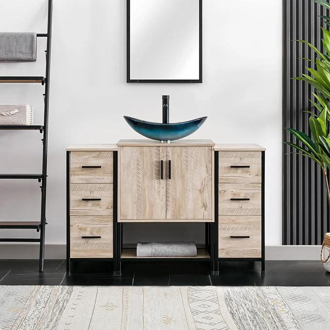 Flexible eclife 48 Bathroom Vanity Sink Combo Modern Metal Stand Cabinet W Bottom Shelf Storage Side Cabinets Blue Boat Vessel Sink Water Save Faucet Pop Up Drain Oak A29BU About ThisOverview Soft