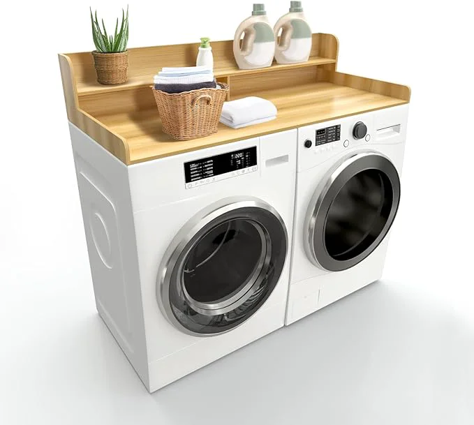 Next-Generation Wooden Laundry Countertop with 2 Tier Shelf 54 x 27.5 Washer and Dryer Countertop with Topper Organization Waterproof Surface Universal Fit Burlywood 54X27.5IN About ThisOverview Convenient