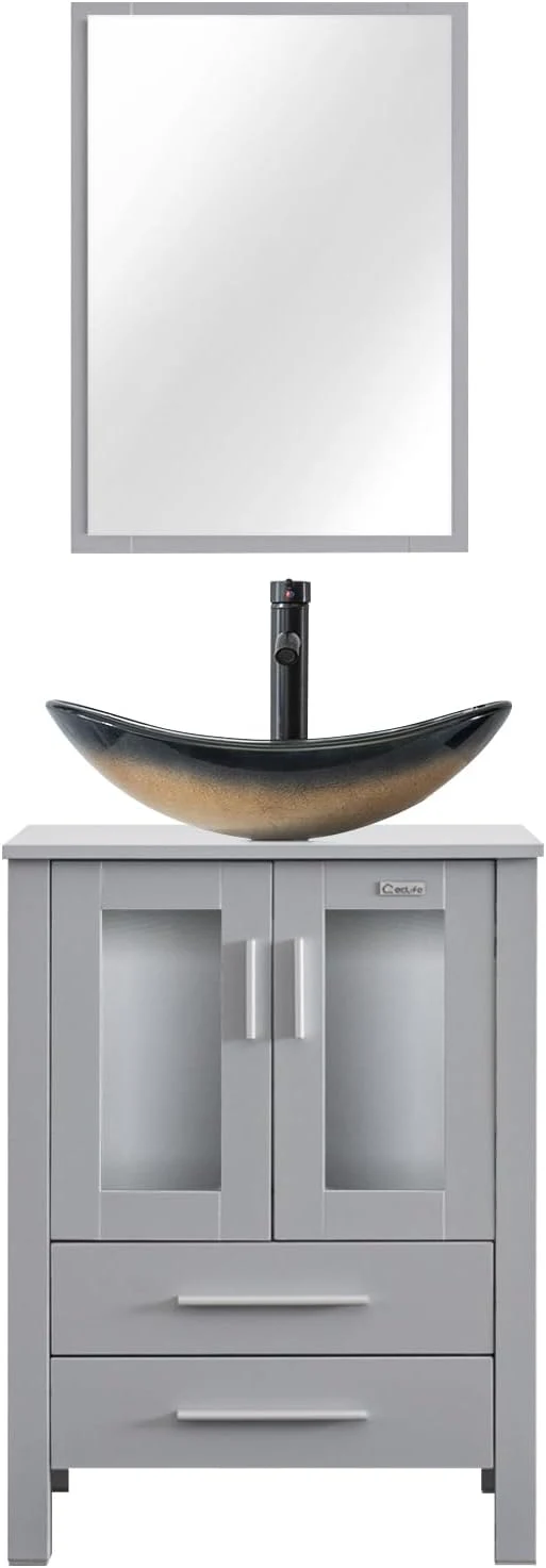 Consistent eclife 24 Modern Bathroom Vanity Sink Combo standing Cabinet with Soft Closing Door Champagne Boat Glass Vessel Sink Water Save Faucet Drain Gray A29CH About ThisOverview Traditional