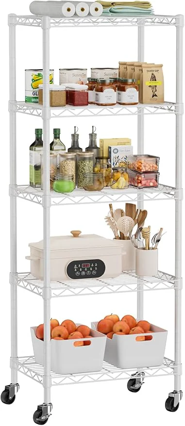 High-Quality Small 5 Tier Shelves Storage Wire Shelving Unit Metal Shelf Adjustable Organizers Storage Shelving with Wheels for Bathroom Laundry Room Kitchen Pantry12 D x 18 W x 57.2 H WhiteAbout ThisOverview Trusted