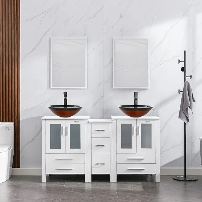 Natural eclife 60 Modern Bathroom Vanity Sink Combo standing Cabinet with Small Side Cabinet Brown Square Glass Vessel Sink Water Save Faucet Drain White A48 About ThisOverview Healthy
