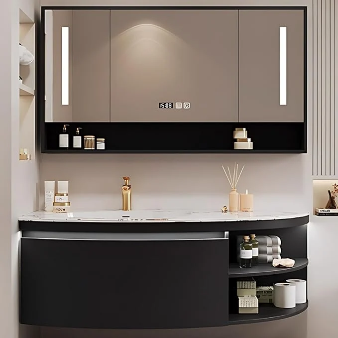 Exceptional 58IN Floating Bathroom Vanity Wall Mounted Wood Sink Cabinet with Smart Sensor LED Light Strip Open Style Side Cabinet LED Lights Defogging Function Single Sink Vanities Set Black About ThisOverview Optimized