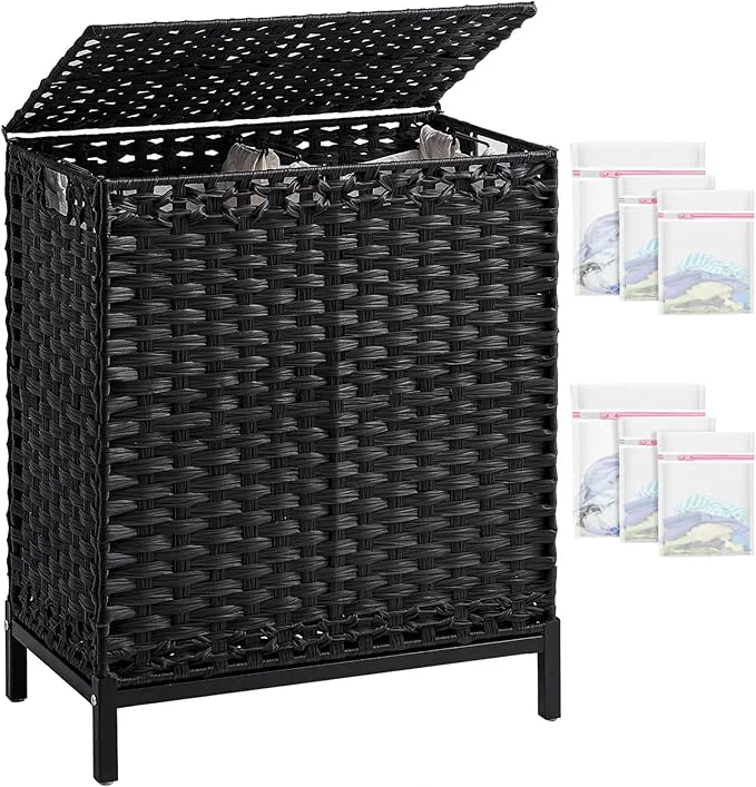 Professional Laundry Hamper with Lid 112 L Handwoven Rattan Wicker Laundry Basket 2 Removable Liner Bags Metal Heightened Feet 6 Mesh Bags 2 Section Large Clothes Hamper for Bathroom Bedroom BlackAbout ThisOverview Reusable