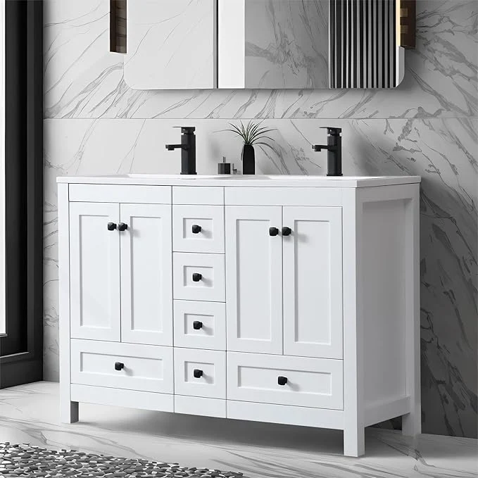 Detailed eclife 48 Bathroom Vanities with Sink Combo Modern Thickened Wood Bathroom Storage Cabinet w Undermount Double Sink Matte Black Faucet Drain Painted Surface WhiteAbout ThisOverview Elegant