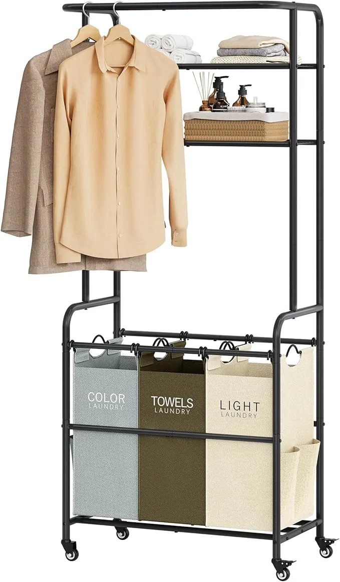 Recyclable Laundry Sorter 3 Section Laundry Hamper Cart with Hanging Rack Removable Bags Heavy Duty Laundry Basket Organizer with Wheels 2 Tier Shelf 3 ColorsAbout ThisOverview Secure