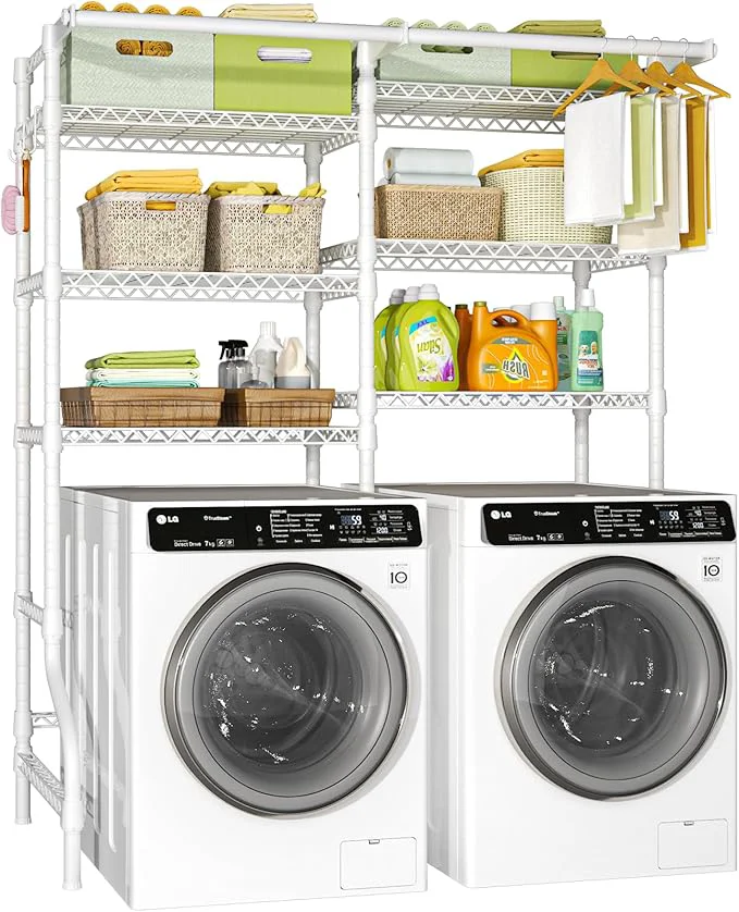 Official Ulif U13 Over Washer and Dryer Storage Shelves 6 Tiers Laundry Room Standing Shelf with 2 Hanger Rods Space Saver Clothes Drying Rack 63.4 W x 22 D x 77.4 H WhiteAbout ThisOverview Responsible