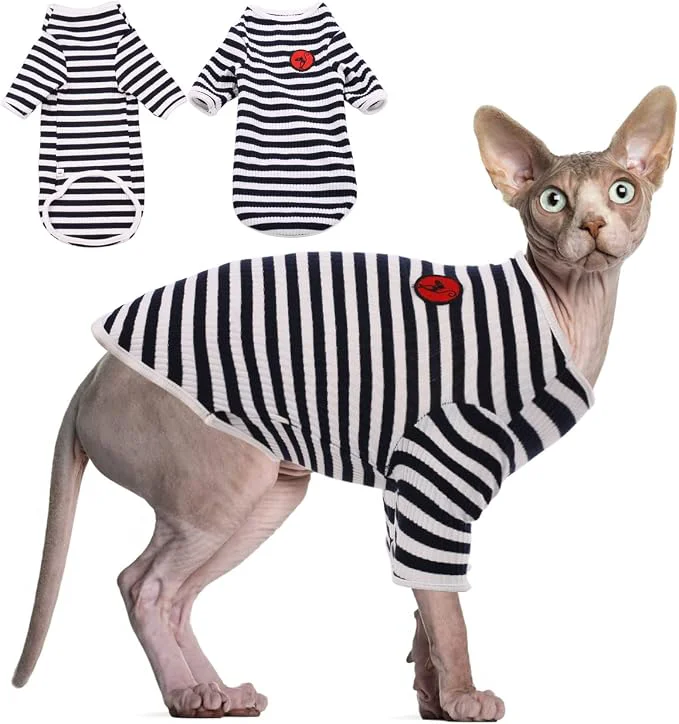 Exceptional DENTRUN Hairless Cats Shirt Breathable Cat Daily Wear Clothes Stripe Vest High-Quality
