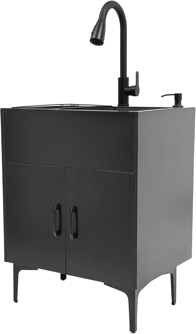 Effective Laundry Sink Cabinet with Pull-Out Faucet Stainless Steel standing Utility Room Sink with Cabinet Utility Tub for Bathroom Laundry Room Kitchen 23.62x17.72in Black About ThisOverview Smart