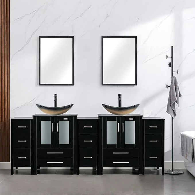 High-Performance eclife 84 Modern Bathroom Vanity Sink Combo standing Cabinet with Small Side Cabinet Champagne Boat Glass Vessel Sink Water Save Faucet Drain Black A29CH About ThisOverview Contemporary