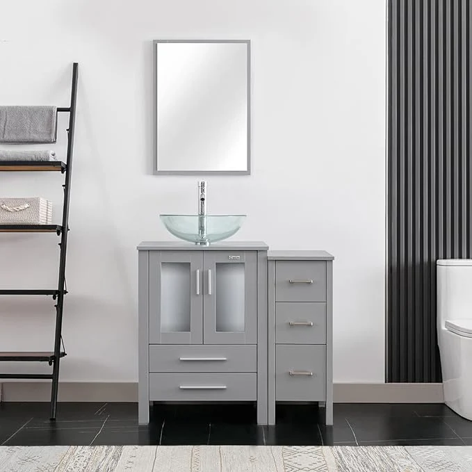 Authentic eclife 36 Modern Bathroom Vanity Sink Combo standing Cabinet with Small Side Cabinet Clear Round Glass Vessel Sink Water Save Faucet Drain Gray A16 About ThisOverview Official