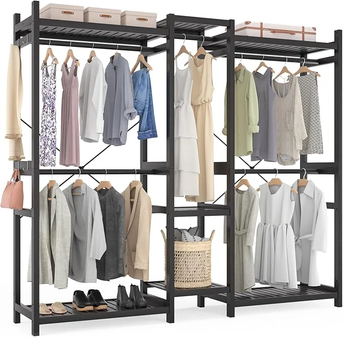 World-Class Homykic Bamboo Closet System Clothes Rack Large standing Garment Rack Clothing Rack for Hanging Clothes with 7 Storage Shelves and 5 Rods Open Wardrobe Organizer with 4 Hooks BlackAbout ThisOverview Premium