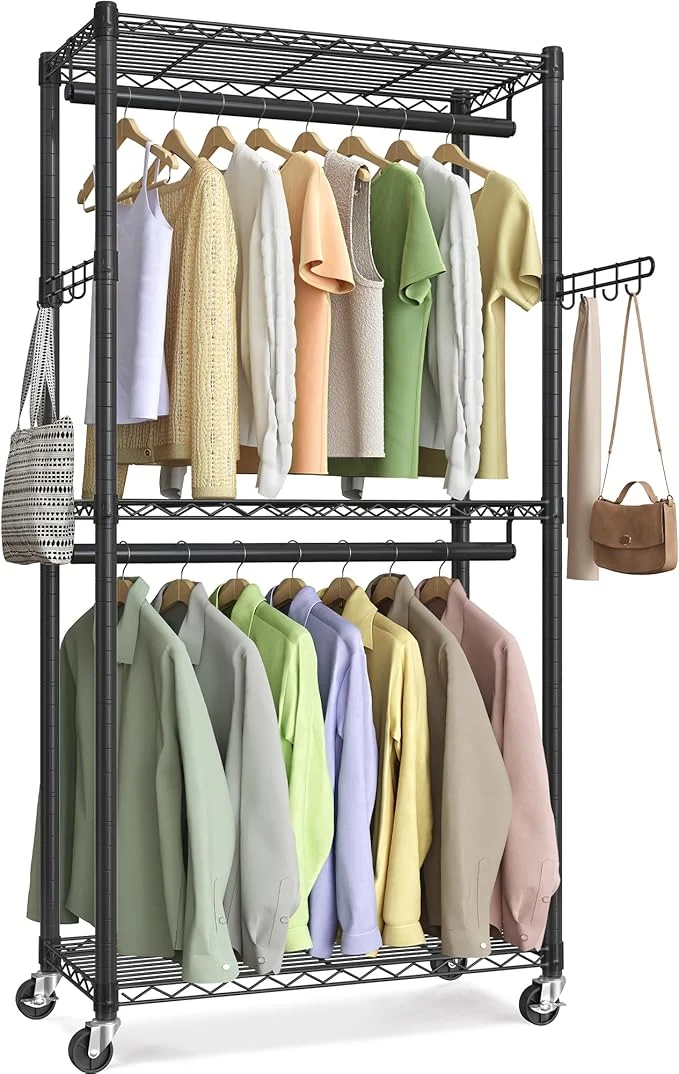Prestigious SONGMICS Heavy-Duty Rolling Clothes Rack Garment Rack Portable Closet 29.5-Inch Wide Clothing Rack on Wheels with Adjustable Mesh Shelves and Hanging Rails Hooks Ink Black ULGR412B01About ThisOverview Reusable