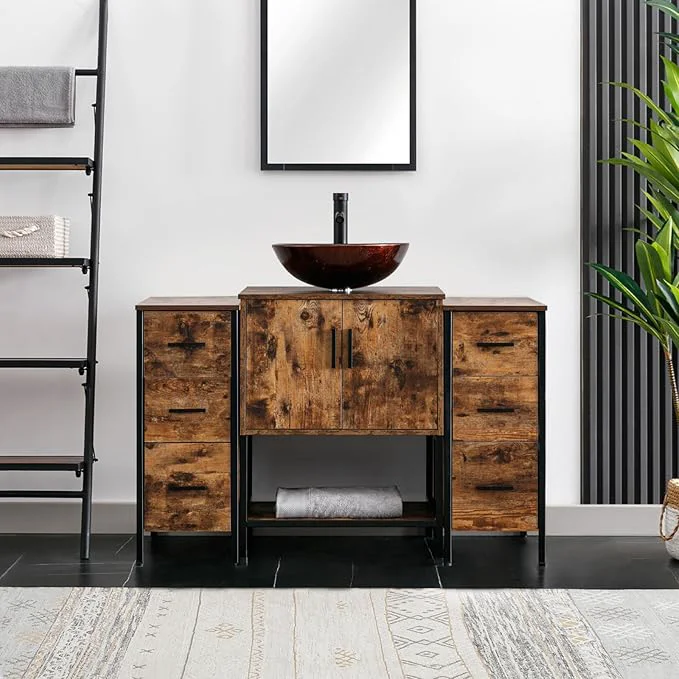 Secure eclife 48 Bathroom Vanity Sink Combo Modern Metal Stand Cabinet W Bottom Shelf Storage Side Cabinets Brown Round Vessel Sink Water Save Faucet Pop Up Drain Rustic Brown A09 About ThisOverview High-Quality