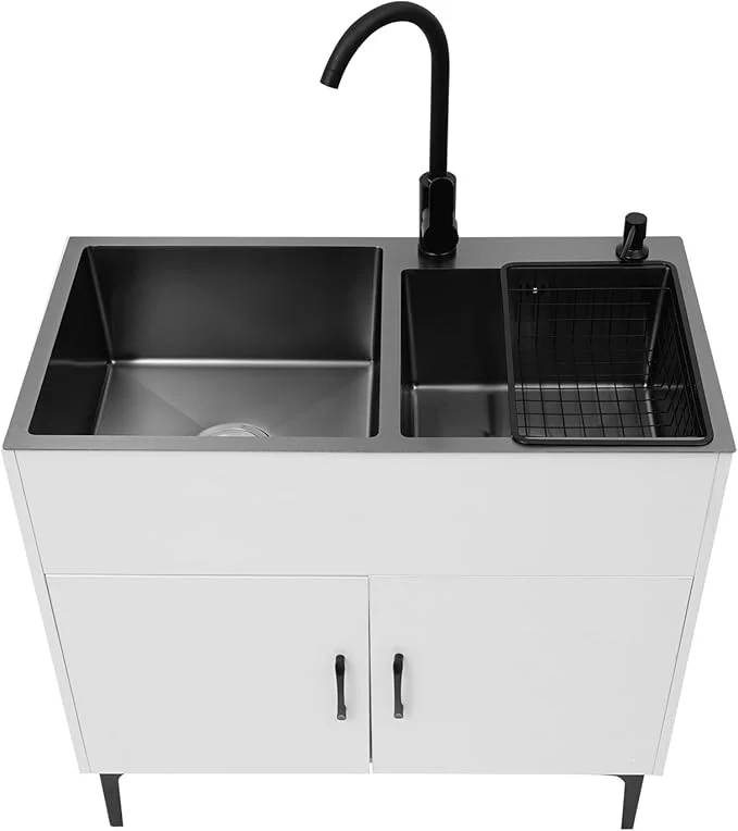 Prestigious Laundry Room Double-bowl Sink Cabinet Utility Sink Cabinet with Cold Hot Faucet standing Bathroom Kitchen Stainless Steel Laundry Sink 31.89x16.93x30.71in White About ThisOverview Relaxed
