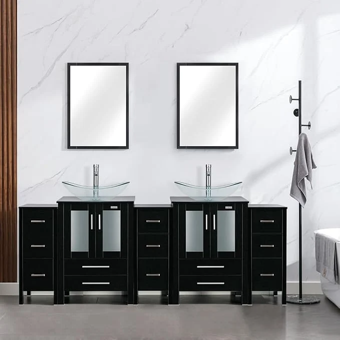 Easy-to-Use eclife 84 Modern Bathroom Vanity Sink Combo standing Cabinet with Small Side Cabinet Clear Boat Glass Vessel Sink Water Save Faucet Drain Black A29TT About ThisOverview Elite