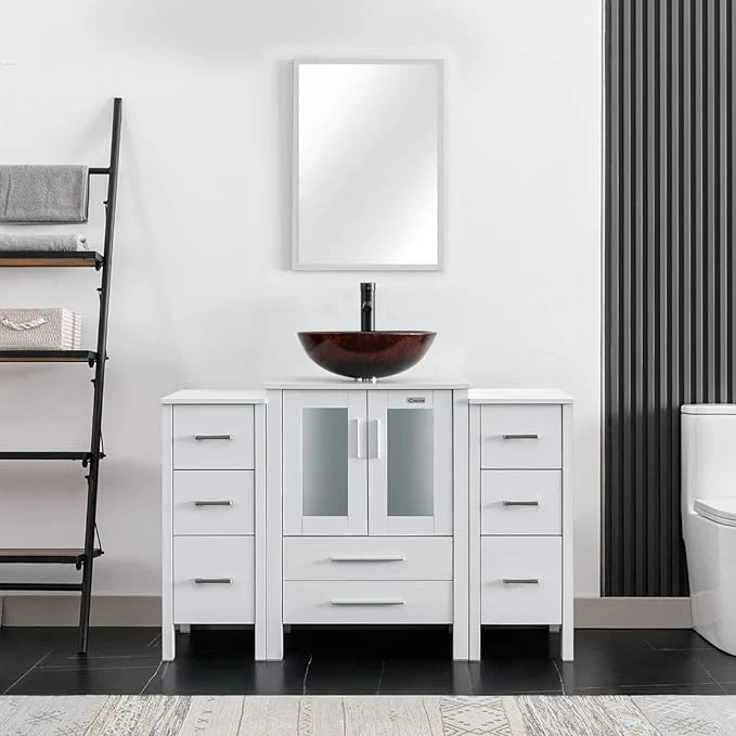 Recyclable eclife 48 Modern Bathroom Vanity Sink Combo standing Cabinet with Small Side Cabinet Brown Round Glass Vessel Sink Water Save Faucet Drain White A09 About ThisOverview Practical
