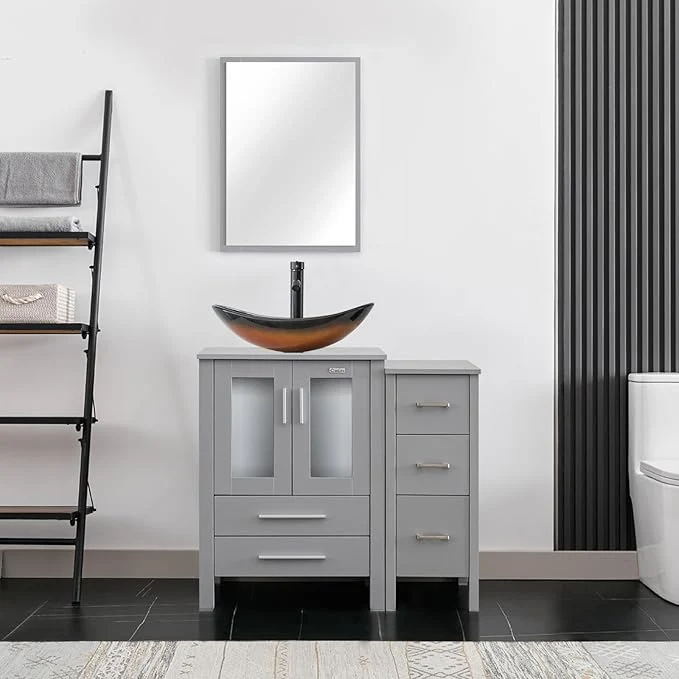 High-Performance eclife 36 Modern Bathroom Vanity Sink Combo standing Cabinet with Small Side Cabinet Brown Boat Glass Vessel Sink Water Save Faucet Drain Gray A29BR About ThisOverview Fine
