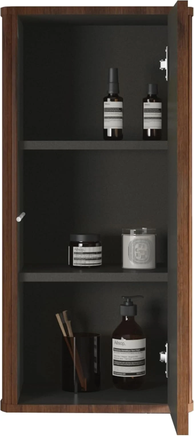 Enhanced Striped Walnut Floating Bathroom Side Cabinet Wall-Mounted Storage for Small Spaces Pre-Assembled with Safe Curvy Design Push-Open Door B.Walnut Side Cabinet About ThisOverview Comfortable