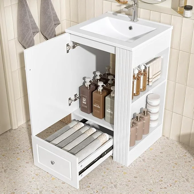 Official 20 in Small Bathroom Vanity with Sink Drawer Doors and Side Storage Toilet Paper Holder Solid Wood MDF Modern Single Bathroom Sink Cabinet with Drawers standing White 20 in About ThisOverview Crafted