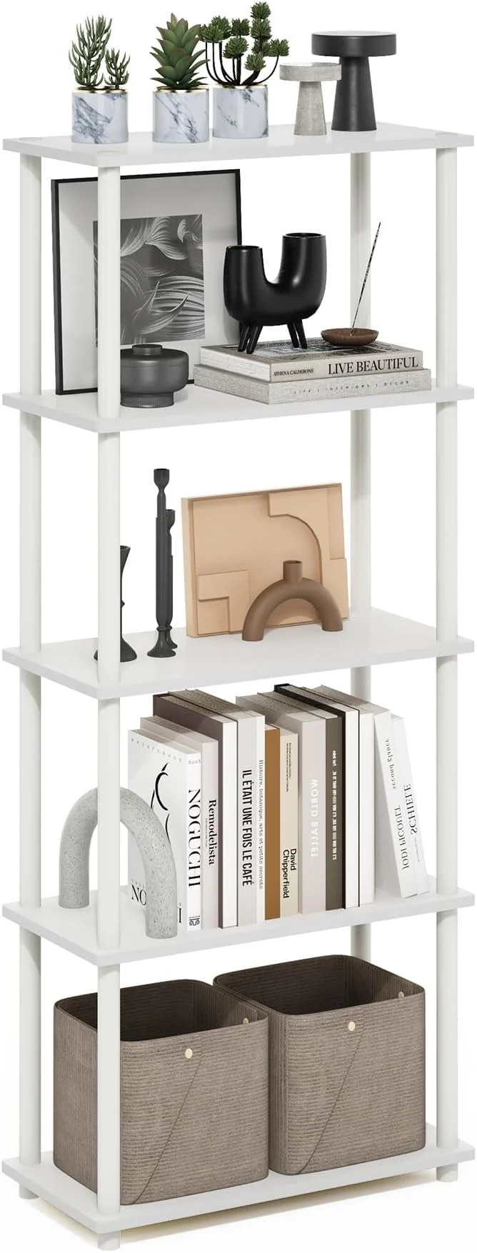 Proven Furinno TURN-N-TUBE Storage Shelves 5-Tier Book Shelf Corner Shelf Toolless Open Shelves for Organization and Storage Living Room Garage Home Office WhiteAbout ThisOverview Official