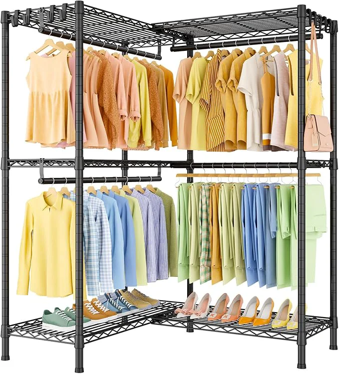 Selected E15 Garment Rack L Shaped Clothes Rack for Corner，standing Clothing Racks for Hanging Clothes，Heavy Duty Closet Organizer with 4 Hanging Rods 8 S Hooks，43.3 W x 29.4 D x 78.4 H，BlackAbout ThisOverview Original Design