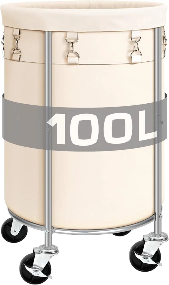 Practical Laundry Hamper with Wheels 100L Round Rolling Laundry Basket Sorter with Removable Bag Clothes Cart Organizer with Steel Frame for Bedroom Bathroom Laundry Room BeigeAbout ThisOverview Fine