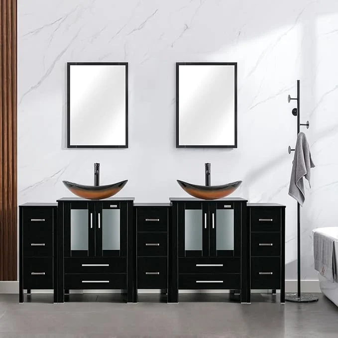 Expertly Made eclife 84 Modern Bathroom Vanity Sink Combo standing Cabinet with Small Side Cabinet Brown Boat Glass Vessel Sink Water Save Faucet Drain Black A29BR About ThisOverview Genuine