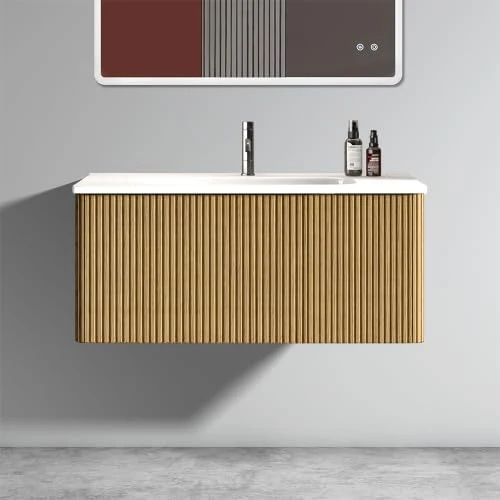 Secure Wall Mounted Floating Bathroom Vanity with Sink Large Storage for Modern Bathroom One-Piece Sink Basin Minimalist Cabinet with Overflow Natural Oak 36IN About ThisOverview Long-Lasting