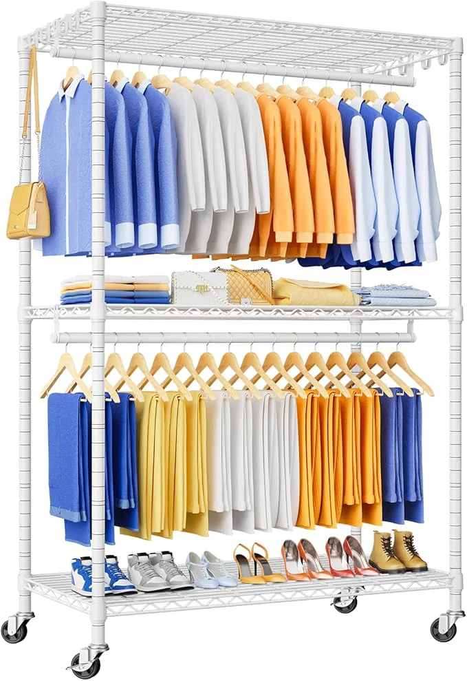 Original Design P8 Heavy Duty Clothes Rack（With Extended Width Design） Rolling Clothing Racks for Hanging Clothes，Portable Garment Rack with Lockable Wheels，51.2 W x 15.8 D x 80.5 H，Max Load 700LBS，WhiteAbout ThisOverview Prestigious