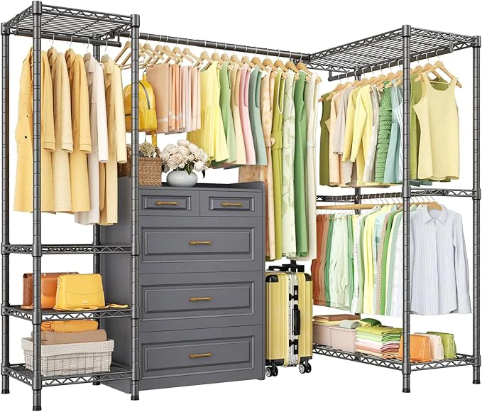 Genuine E10L L-Shaped Clothes Rack for Corner（With Expandable Hanger Rod）Heavy Duty standing Clothing Racks for Hanging Clothes，Portable Garment Rack 58-82 W x 30 D x 72 H，Max Load 900LBS，GreyAbout ThisOverview Premium